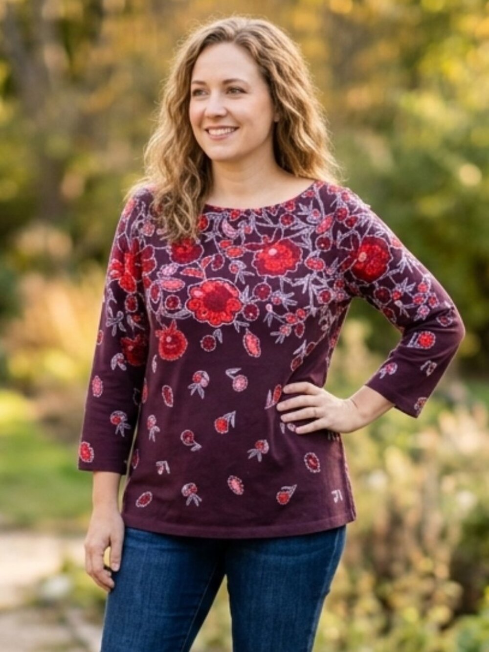 Talbots 'The Talbots Tee' Floral Border Print Boatneck 3/4 Sleeve Top